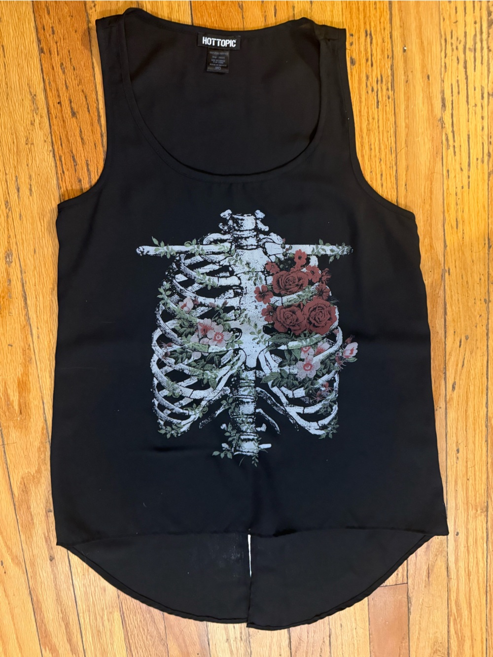 Hot Topic Black Tank Top with Floral Ribcage Graphic